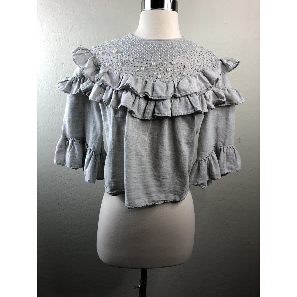 Zara Light Gray Ruffle Pearl-Embellished Blouse